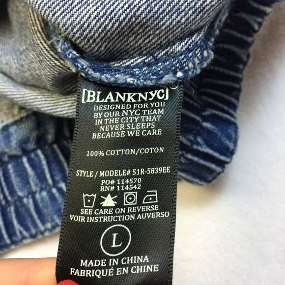 Blank NYC Denim Moto Jacket Mens Sz L Blue Jean Zip Up Vintage 80s Elastic Waist - Picture 4 of 13